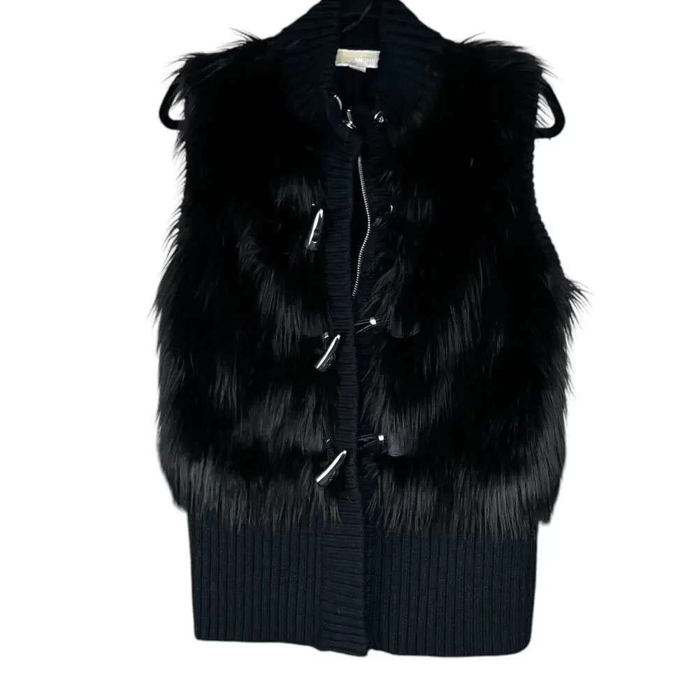 Michael Kors Mob Wife Faux Fur Sweater Vest Women Sz Lg Black‎ Wool Blend EUC